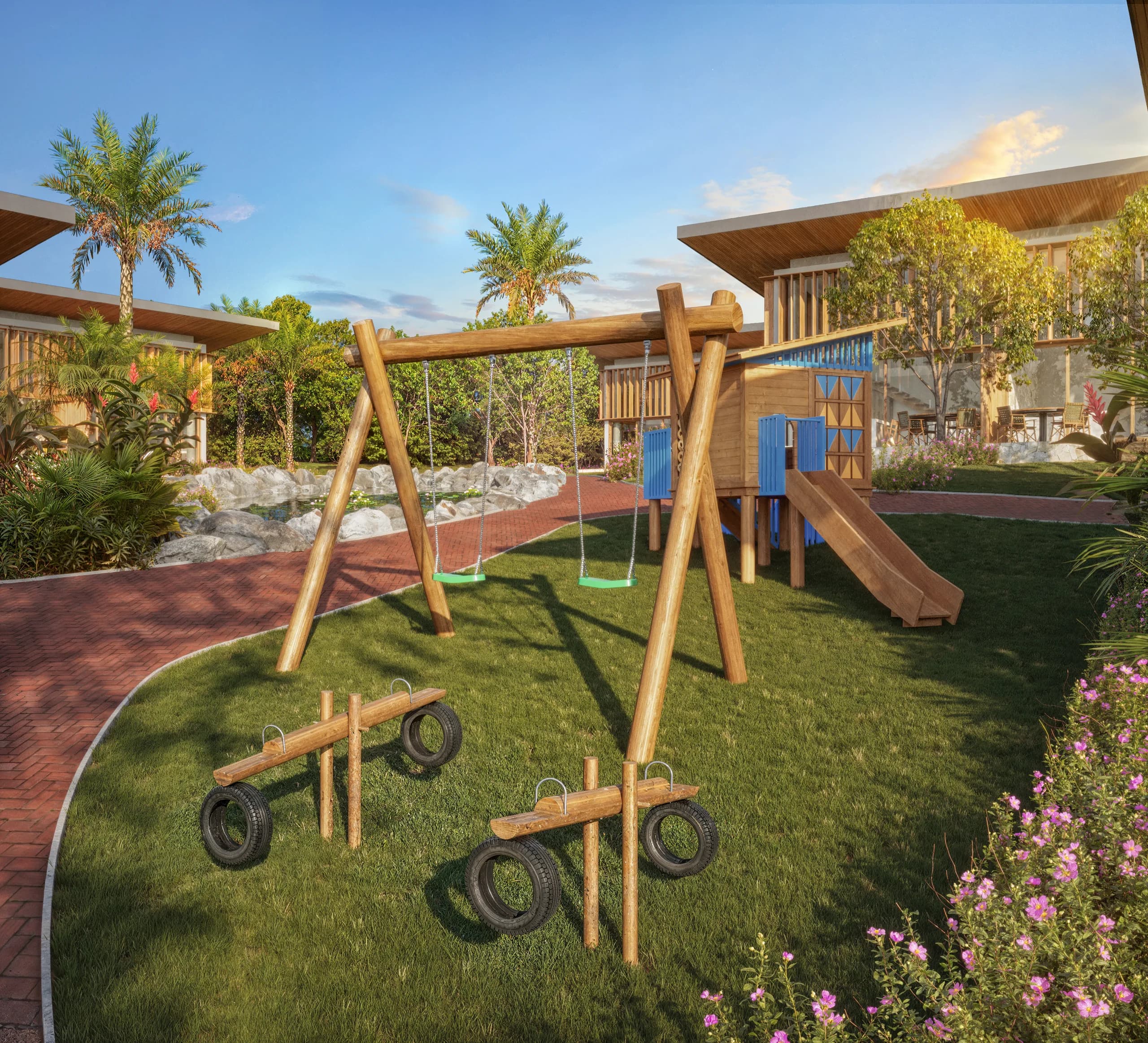 Perspectiva do playground em madeira entre jardins do Alameda das Artes